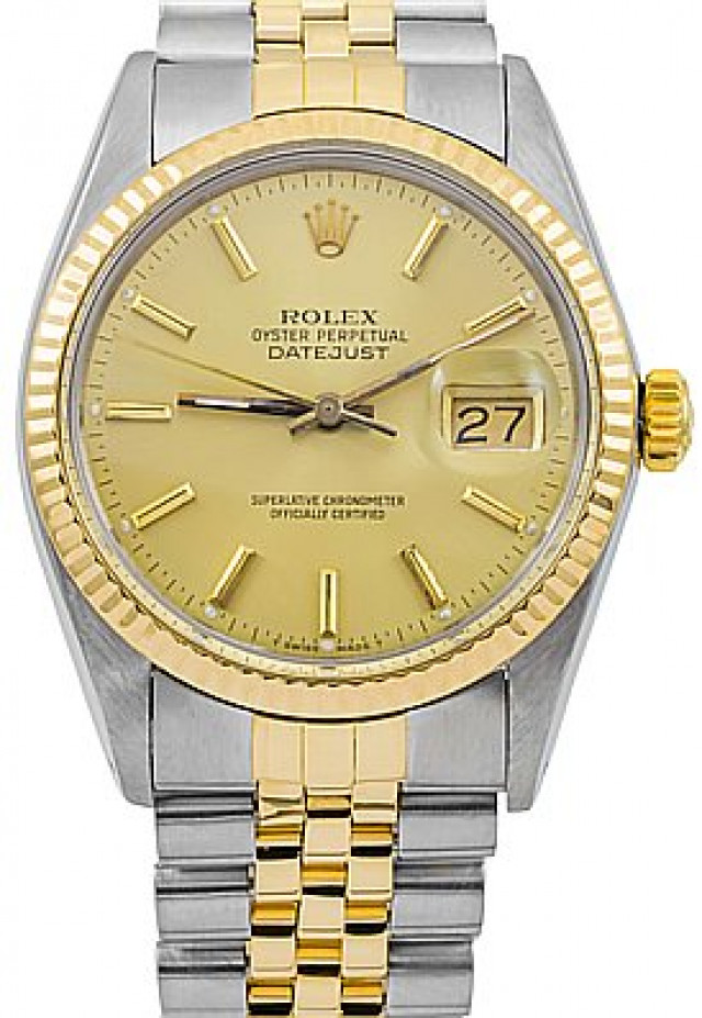 Rolex 16253 Yellow Gold & Steel on Jubilee, Engine Turned Bezel Champagne with Gold Index